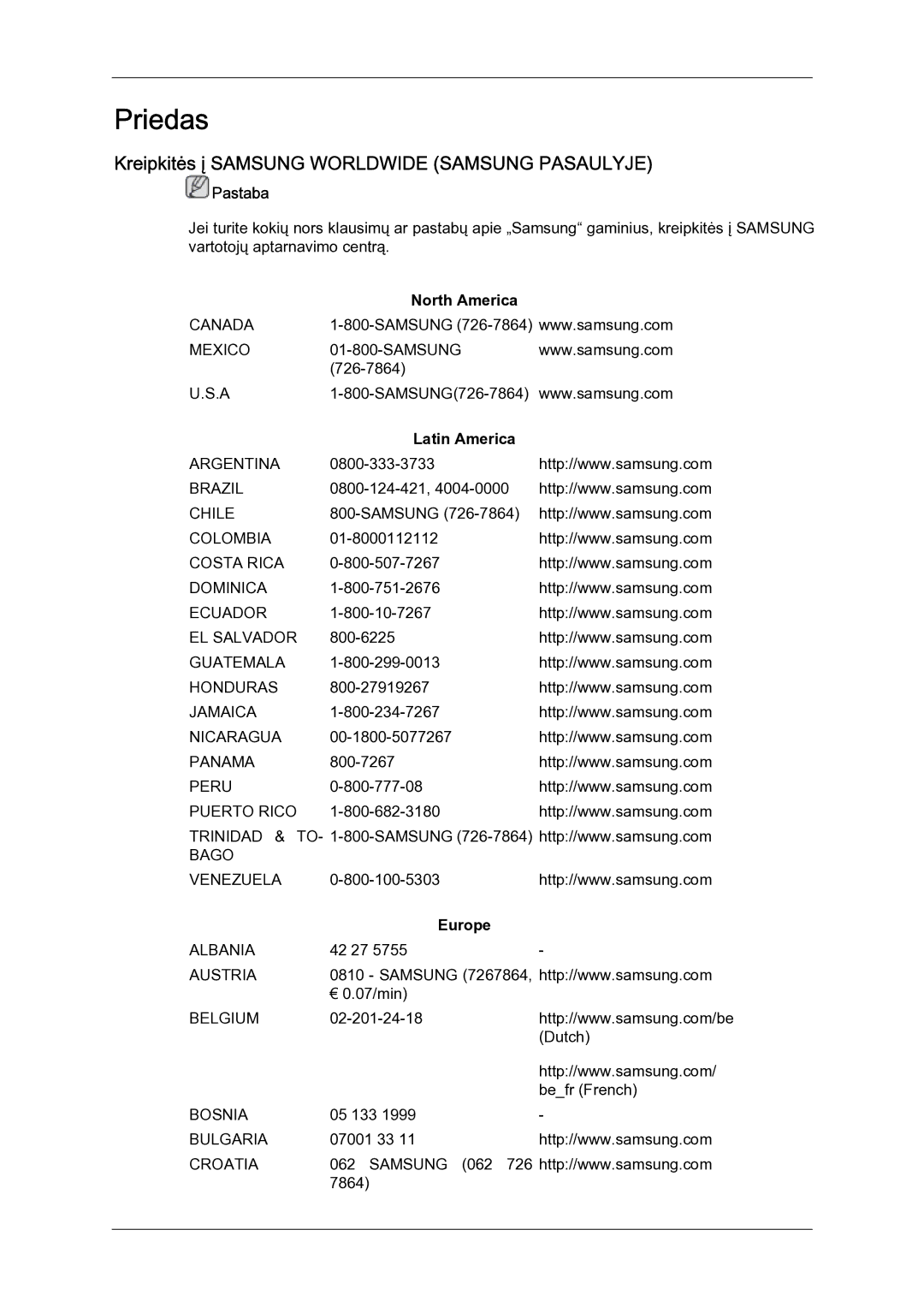 Samsung LH23PTSMBC/EN manual Kreipkitės į Samsung Worldwide Samsung Pasaulyje, North America, Latin America, Europe 