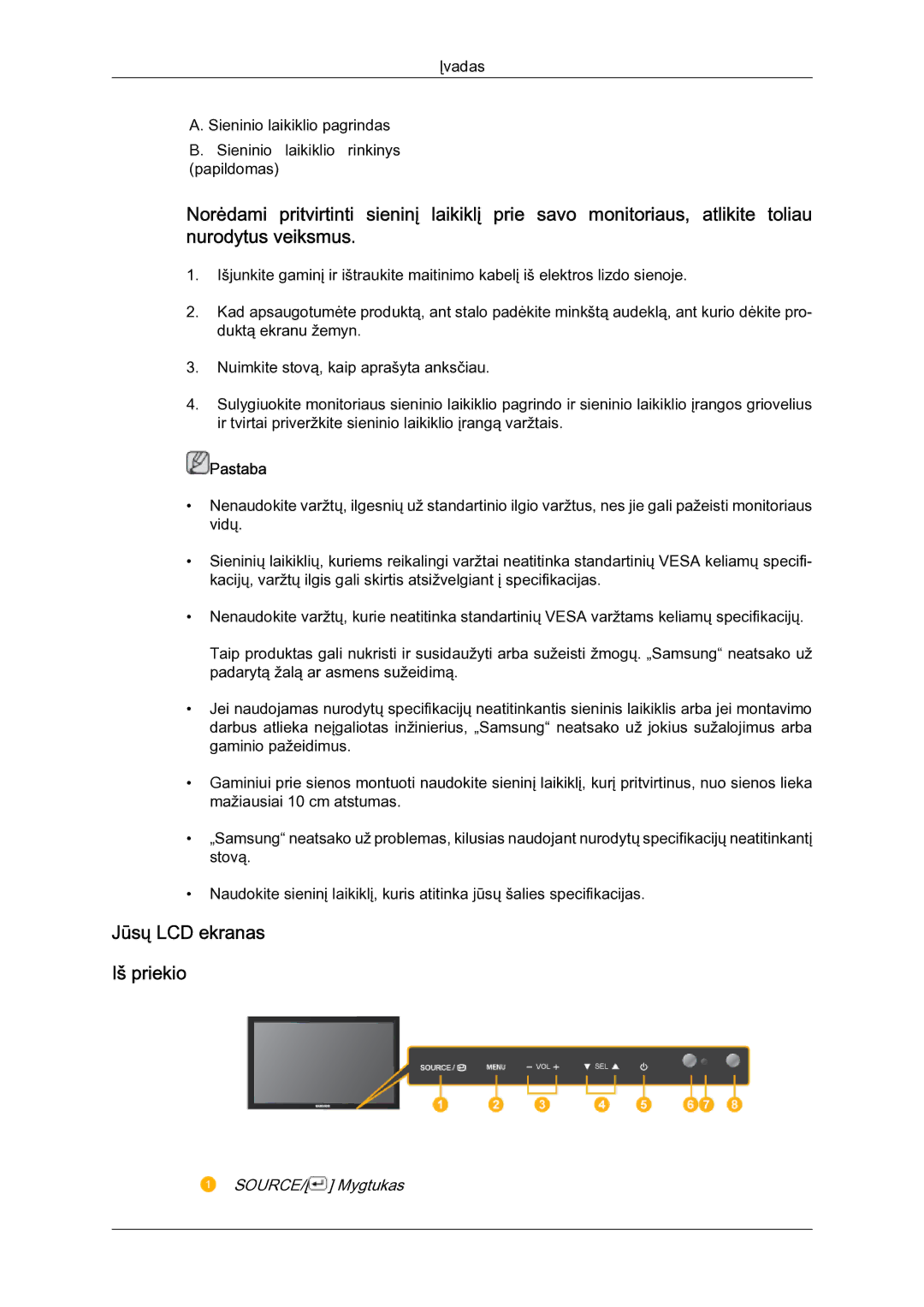 Samsung LH23PTSMBC/EN manual Jūsų LCD ekranas Iš priekio, SOURCE/ Mygtukas 