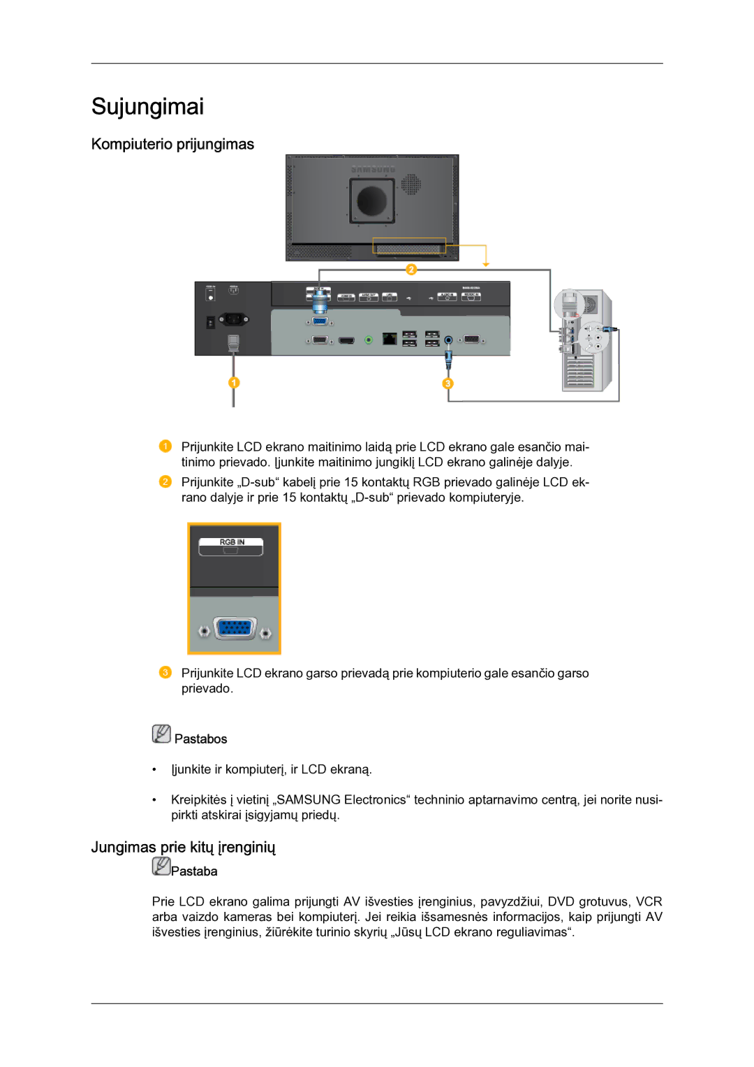 Samsung LH23PTSMBC/EN manual Kompiuterio prijungimas, Jungimas prie kitų įrenginių, Pastabos 