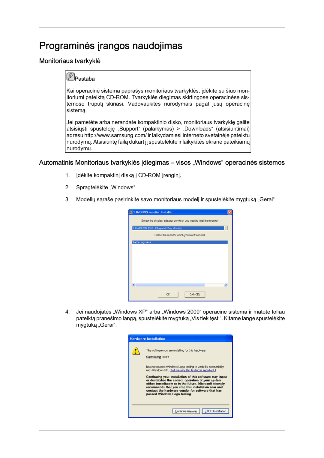 Samsung LH23PTSMBC/EN manual Programinės įrangos naudojimas, Monitoriaus tvarkyklė 