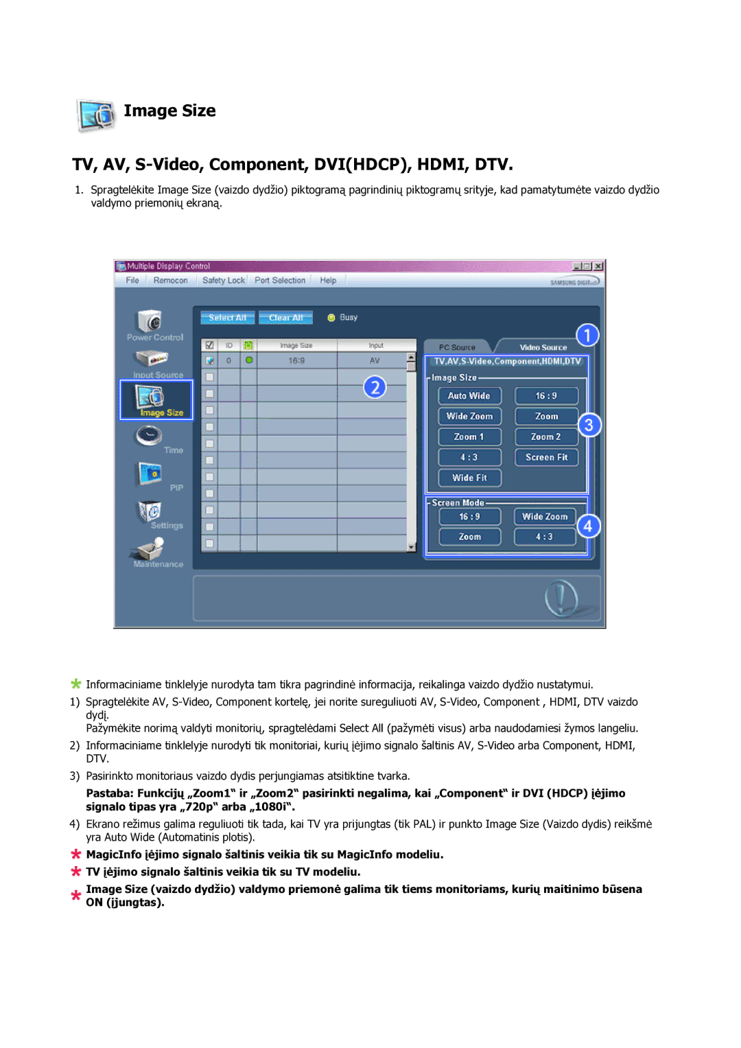 Samsung LH23PTSMBC/EN manual Image Size TV, AV, S-Video, Component, DVIHDCP, HDMI, DTV 