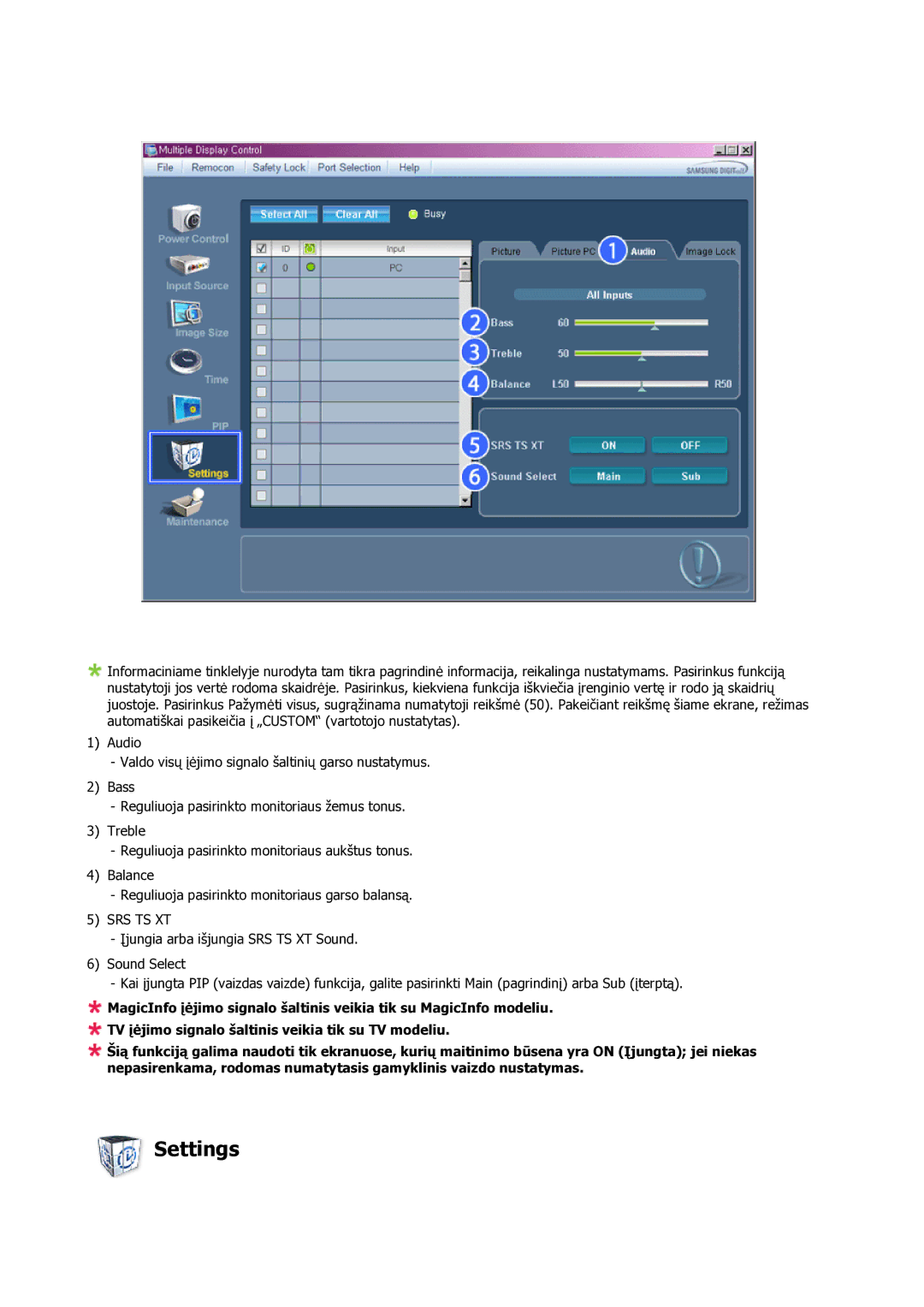 Samsung LH23PTSMBC/EN manual Settings, Srs Ts Xt 