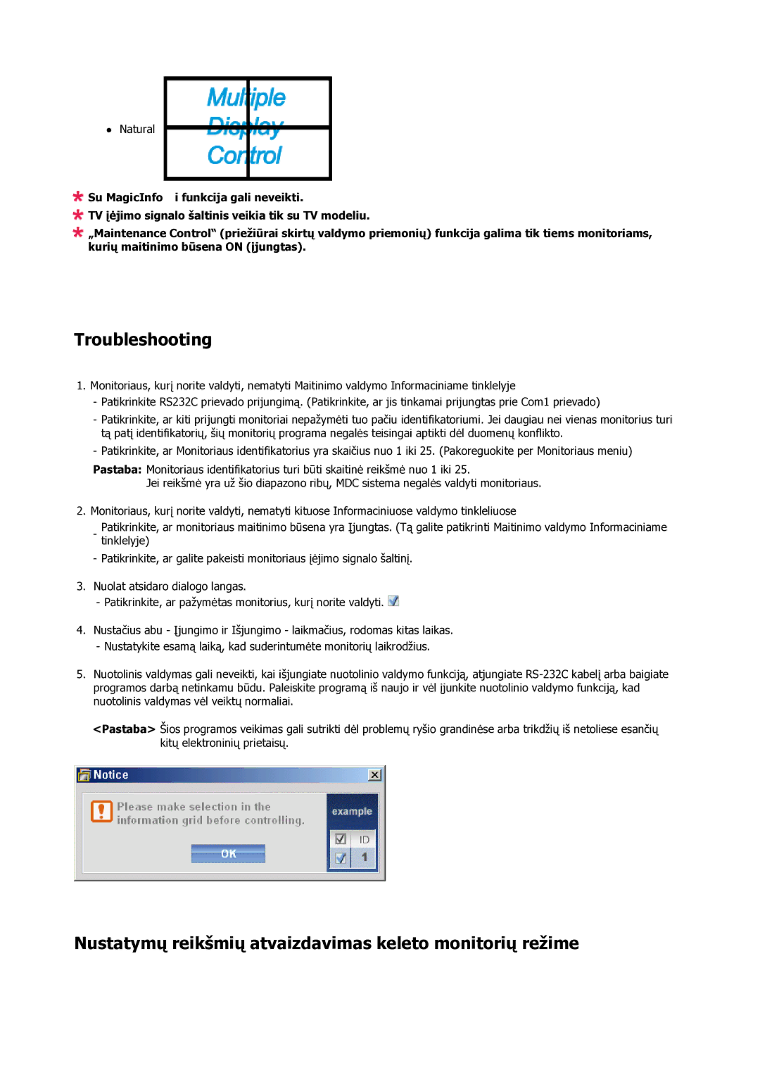 Samsung LH23PTSMBC/EN manual Troubleshooting, Nustatymų reikšmių atvaizdavimas keleto monitorių režime 