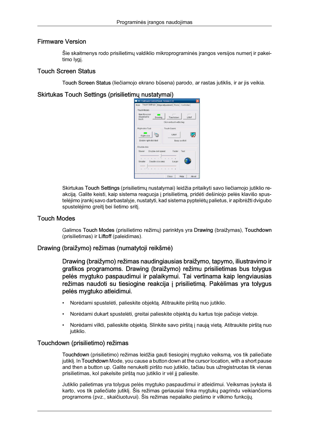 Samsung LH23PTSMBC/EN Firmware Version, Touch Screen Status, Skirtukas Touch Settings prisilietimų nustatymai, Touch Modes 