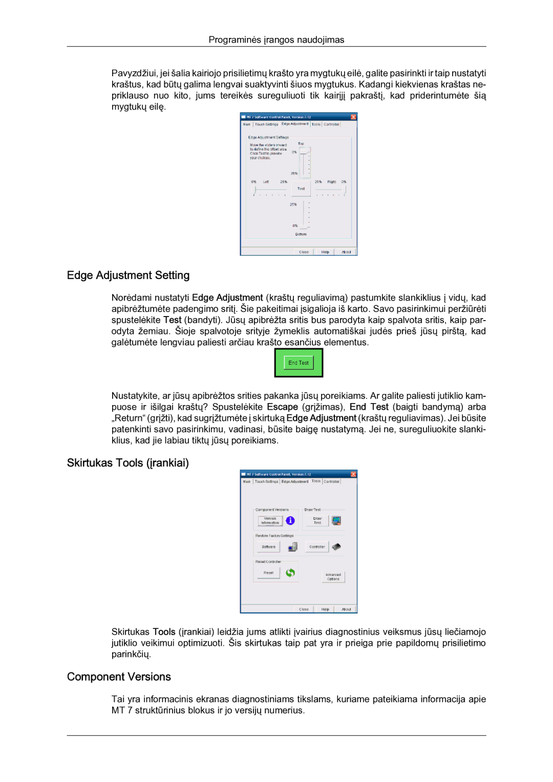 Samsung LH23PTSMBC/EN manual Edge Adjustment Setting, Skirtukas Tools įrankiai, Component Versions 