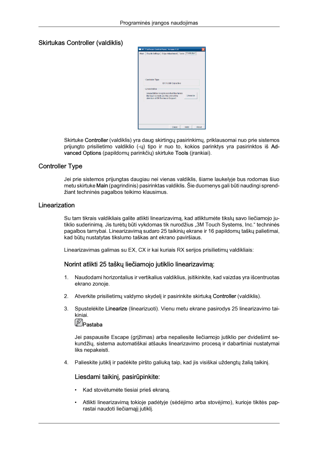 Samsung LH23PTSMBC/EN manual Skirtukas Controller valdiklis, Linearization, Liesdami taikinį, pasirūpinkite 