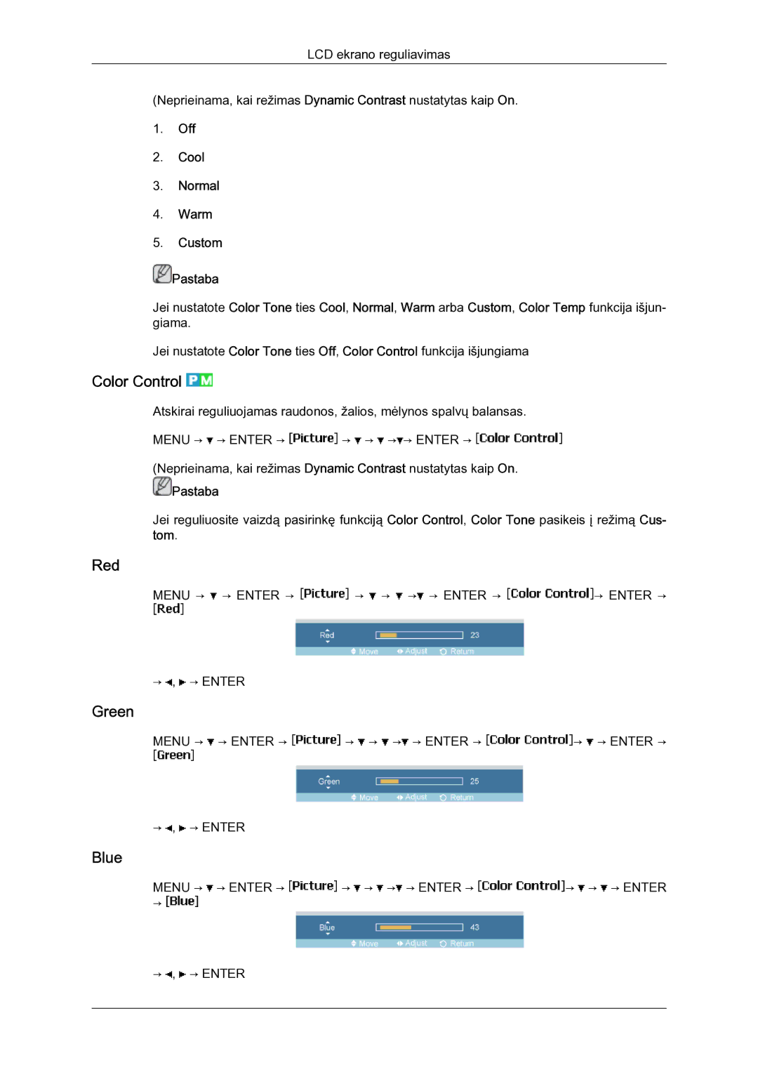 Samsung LH23PTSMBC/EN manual Color Control, Red, Green, Blue 