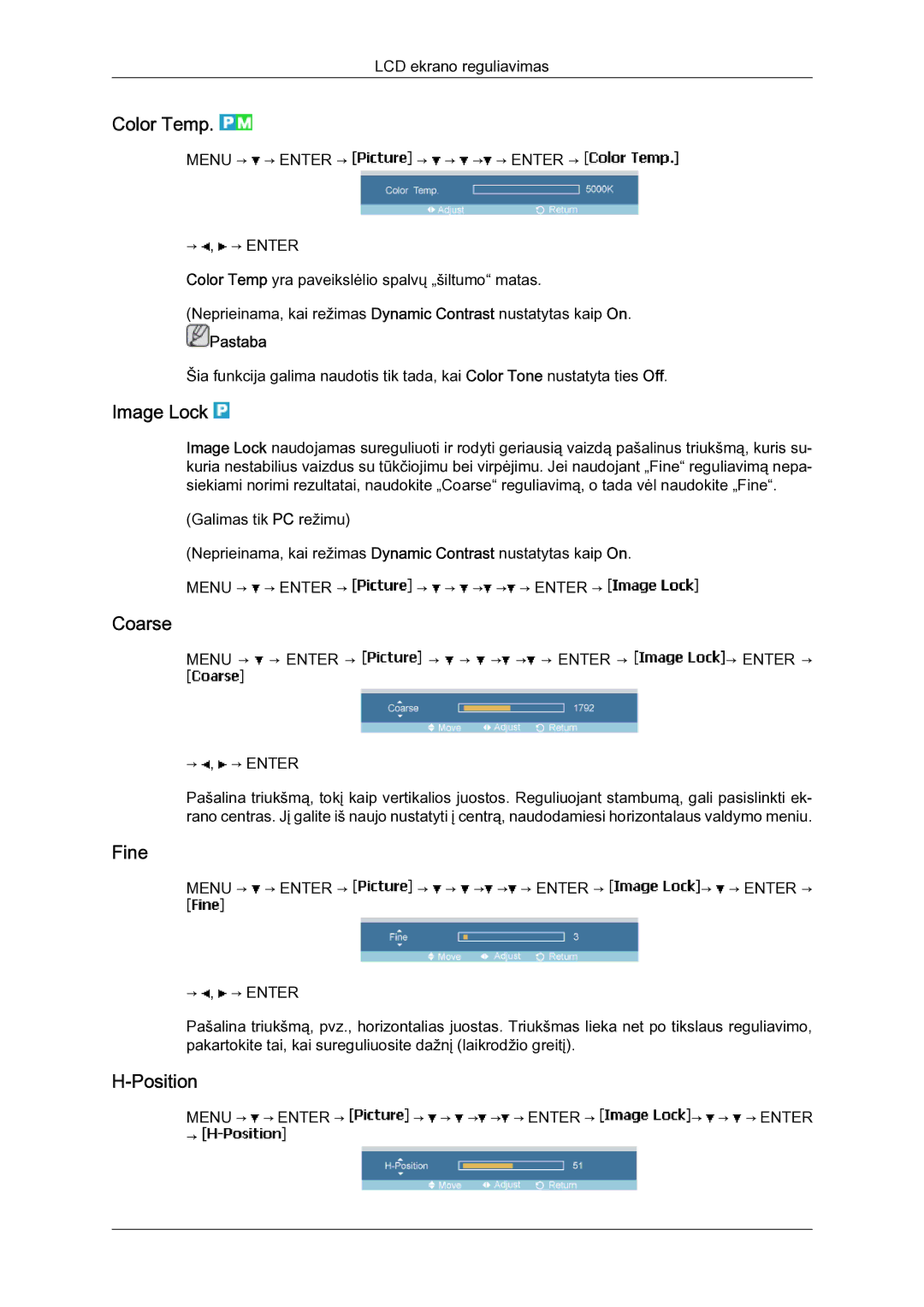 Samsung LH23PTSMBC/EN manual Color Temp, Image Lock, Coarse, Fine, Position 