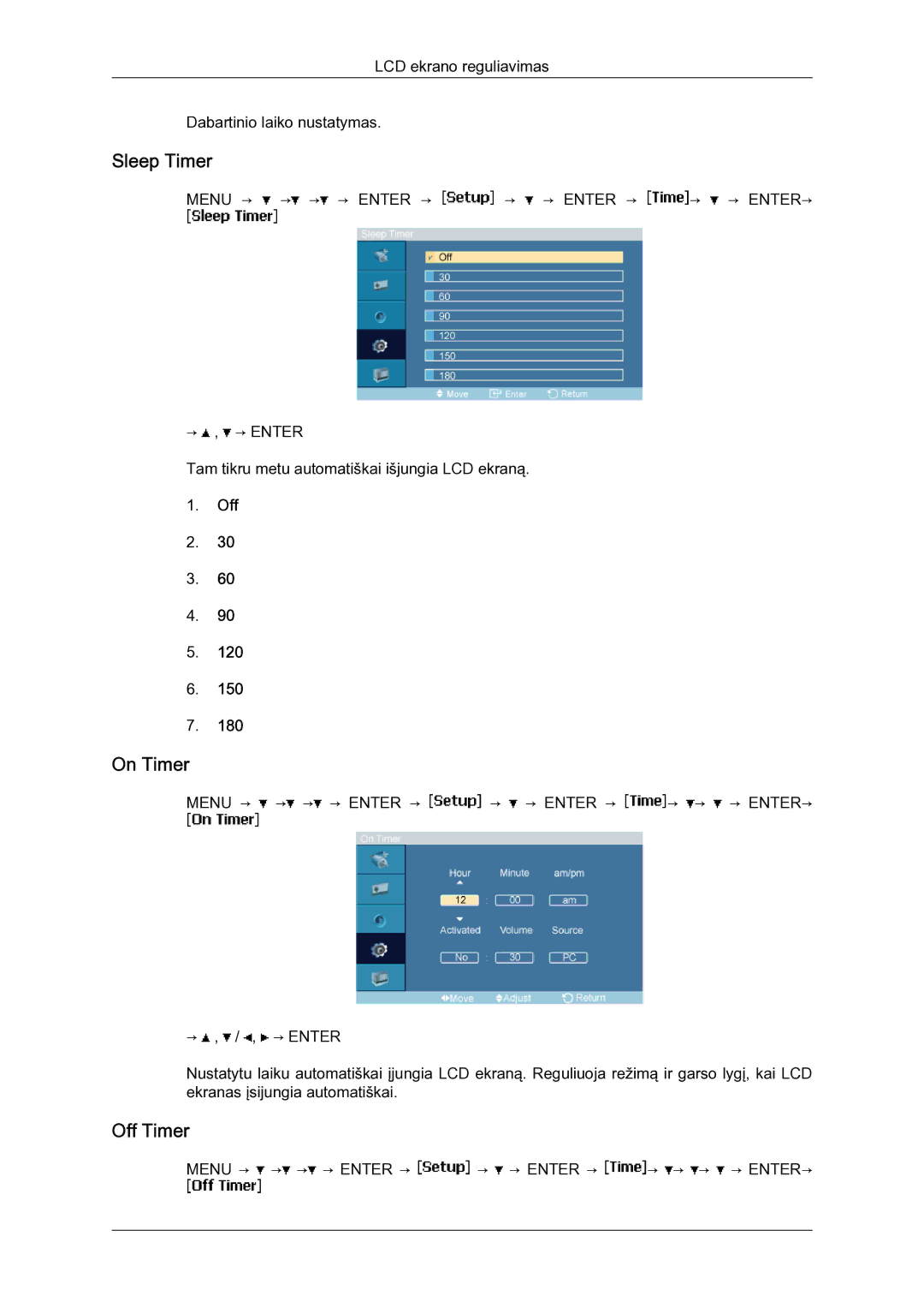 Samsung LH23PTSMBC/EN manual Sleep Timer, On Timer, Off Timer 