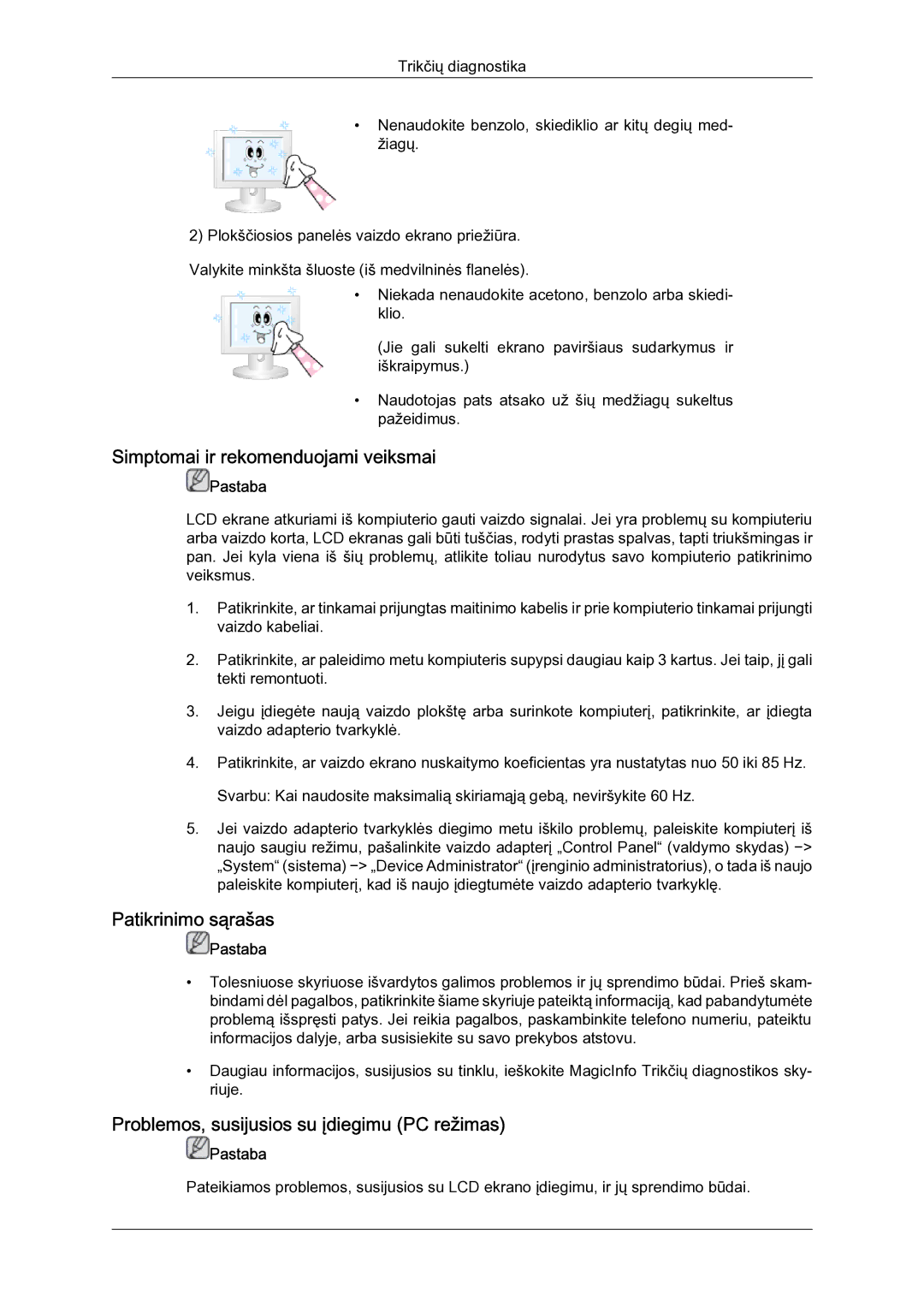 Samsung LH23PTSMBC/EN manual Simptomai ir rekomenduojami veiksmai, Patikrinimo sąrašas 