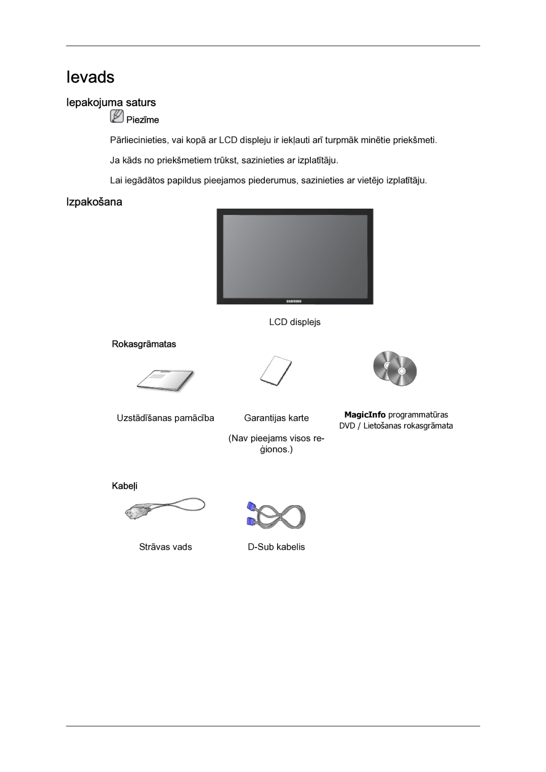 Samsung LH23PTSMBC/EN manual Iepakojuma saturs, Izpakošana, Rokasgrāmatas, Kabeļi 