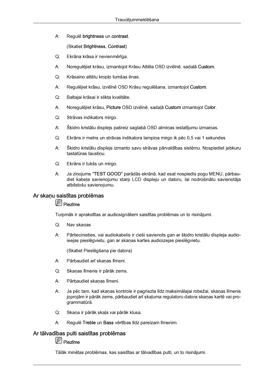 Samsung LH23PTSMBC/EN manual Ar skaņu saistītas problēmas, Ar tālvadības pulti saistītas problēmas 