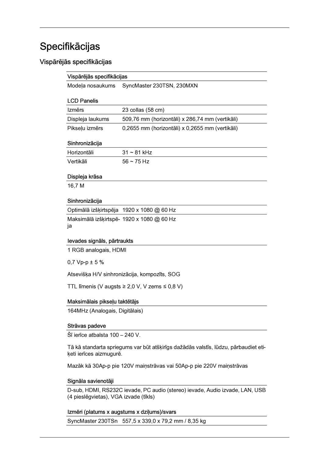 Samsung LH23PTSMBC/EN manual Vispārējās specifikācijas 