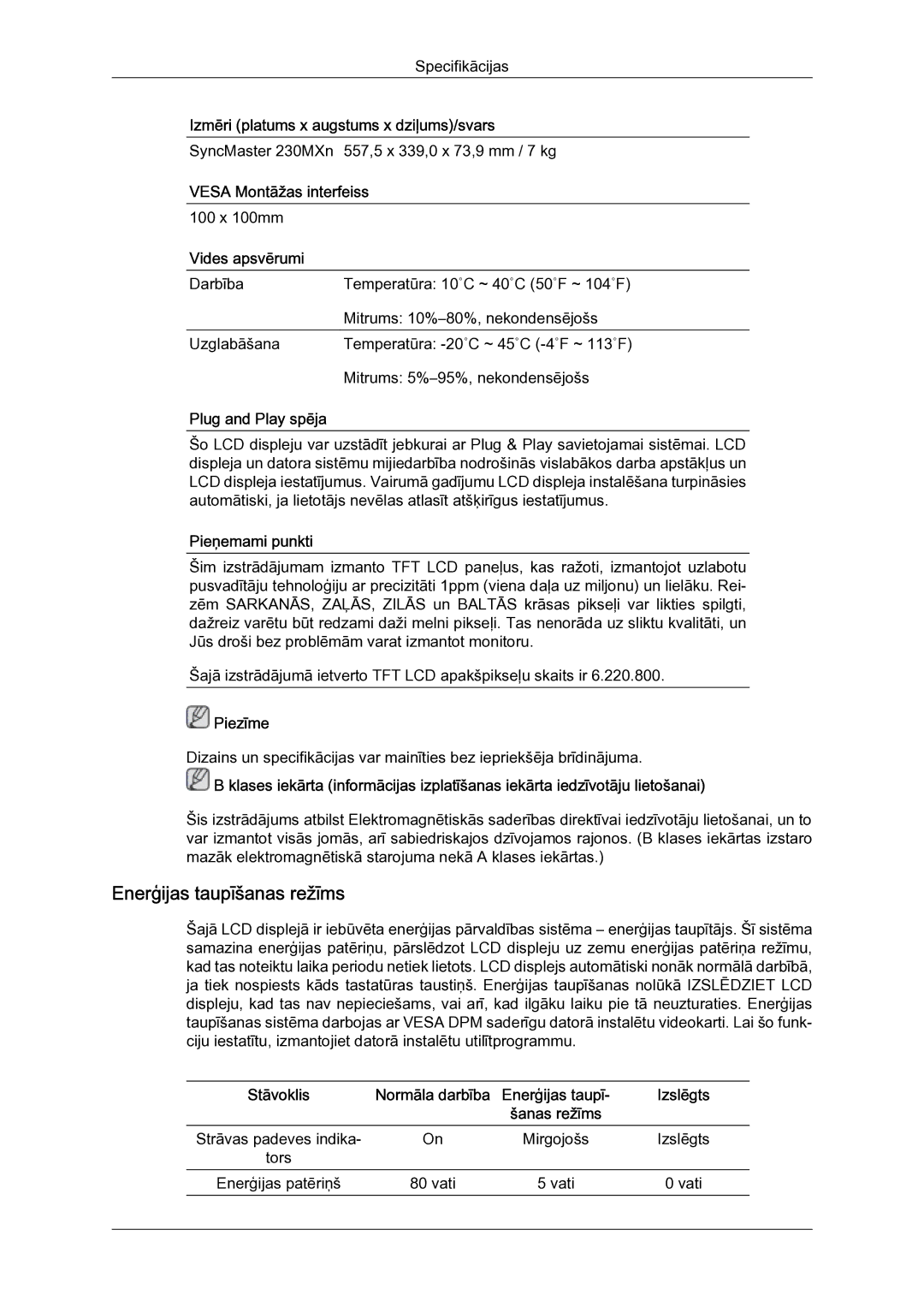 Samsung LH23PTSMBC/EN manual Enerģijas taupīšanas režīms 