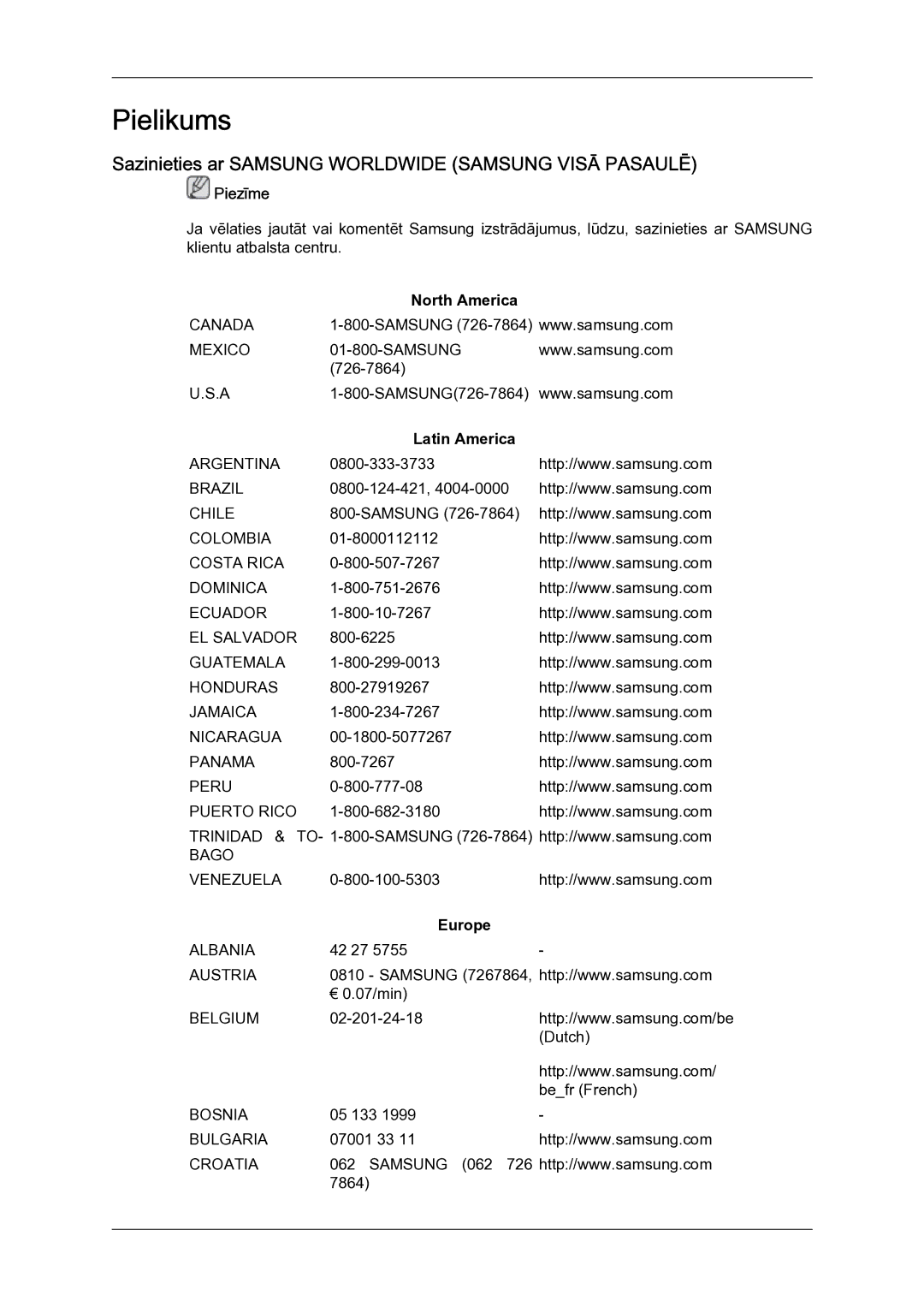 Samsung LH23PTSMBC/EN manual Sazinieties ar Samsung Worldwide Samsung Visā Pasaulē, North America, Latin America, Europe 