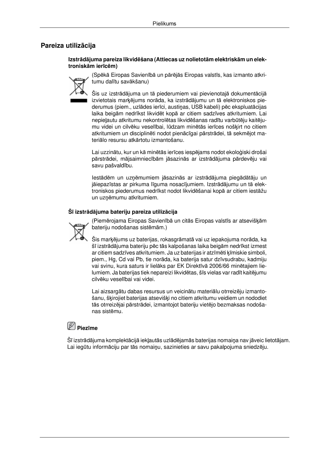 Samsung LH23PTSMBC/EN manual Pareiza utilizācija, Šī izstrādājuma bateriju pareiza utilizācija 