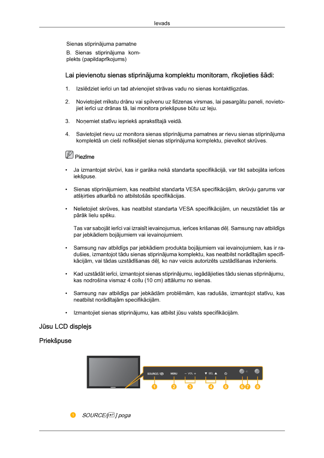 Samsung LH23PTSMBC/EN manual Jūsu LCD displejs Priekšpuse, SOURCE/ poga 