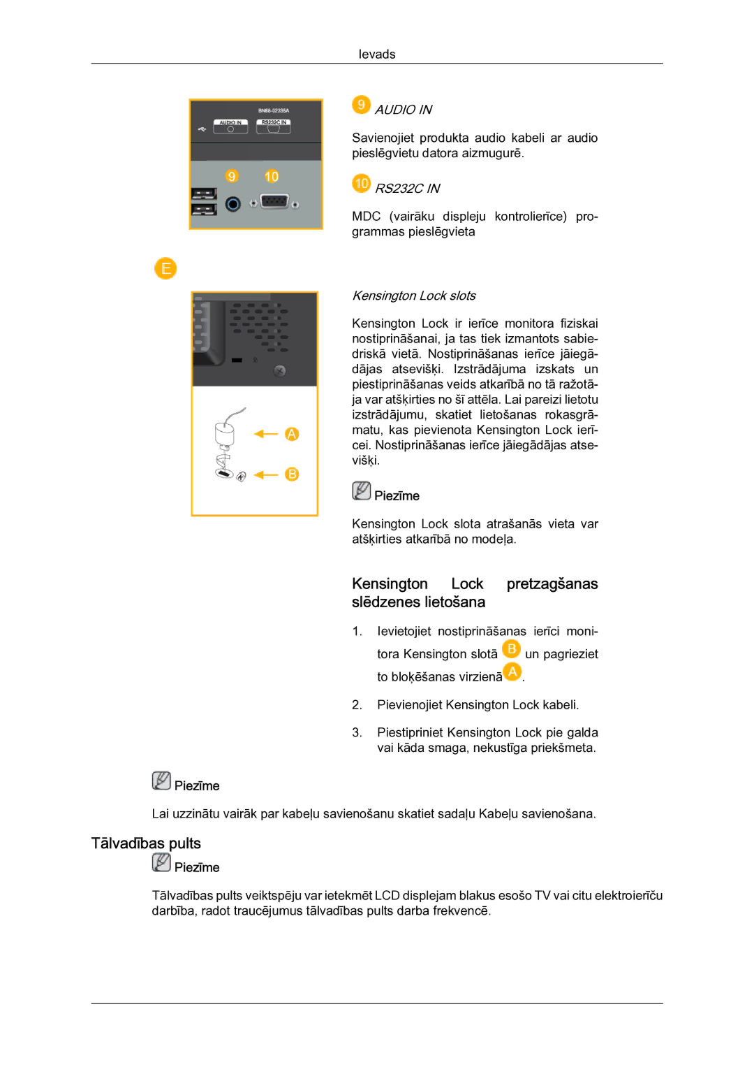 Samsung LH23PTSMBC/EN manual Kensington Lock pretzagšanas slēdzenes lietošana, Tālvadības pults 