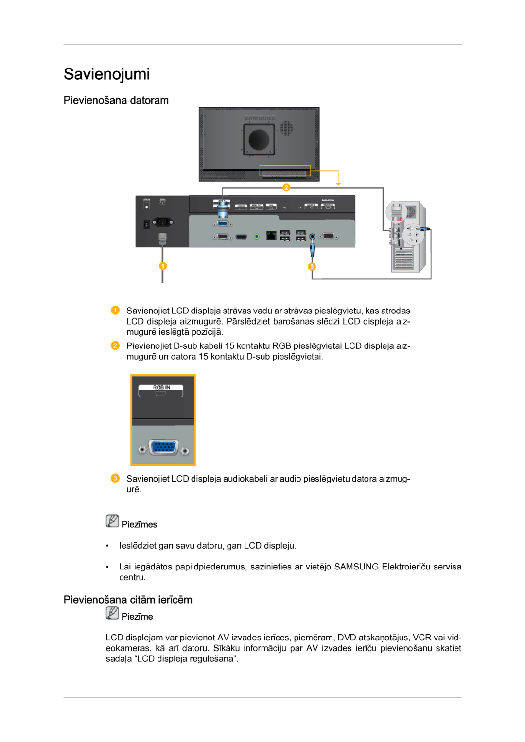 Samsung LH23PTSMBC/EN manual Pievienošana datoram, Pievienošana citām ierīcēm, Piezīmes 