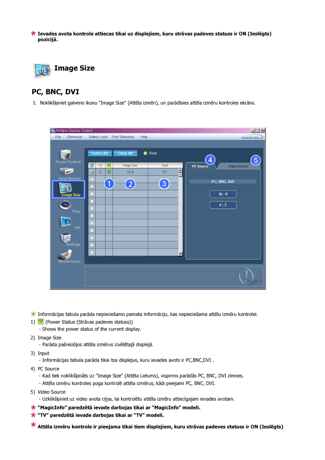 Samsung LH23PTSMBC/EN manual Image Size, Pc, Bnc, Dvi 