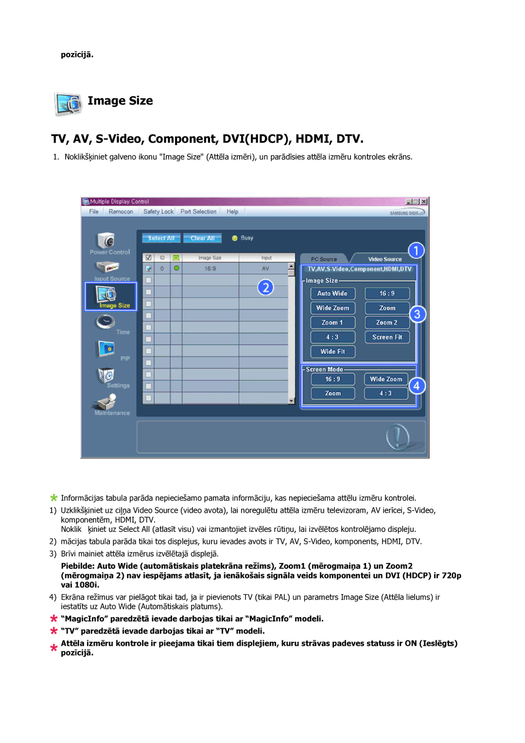 Samsung LH23PTSMBC/EN manual Image Size TV, AV, S-Video, Component, DVIHDCP, HDMI, DTV 