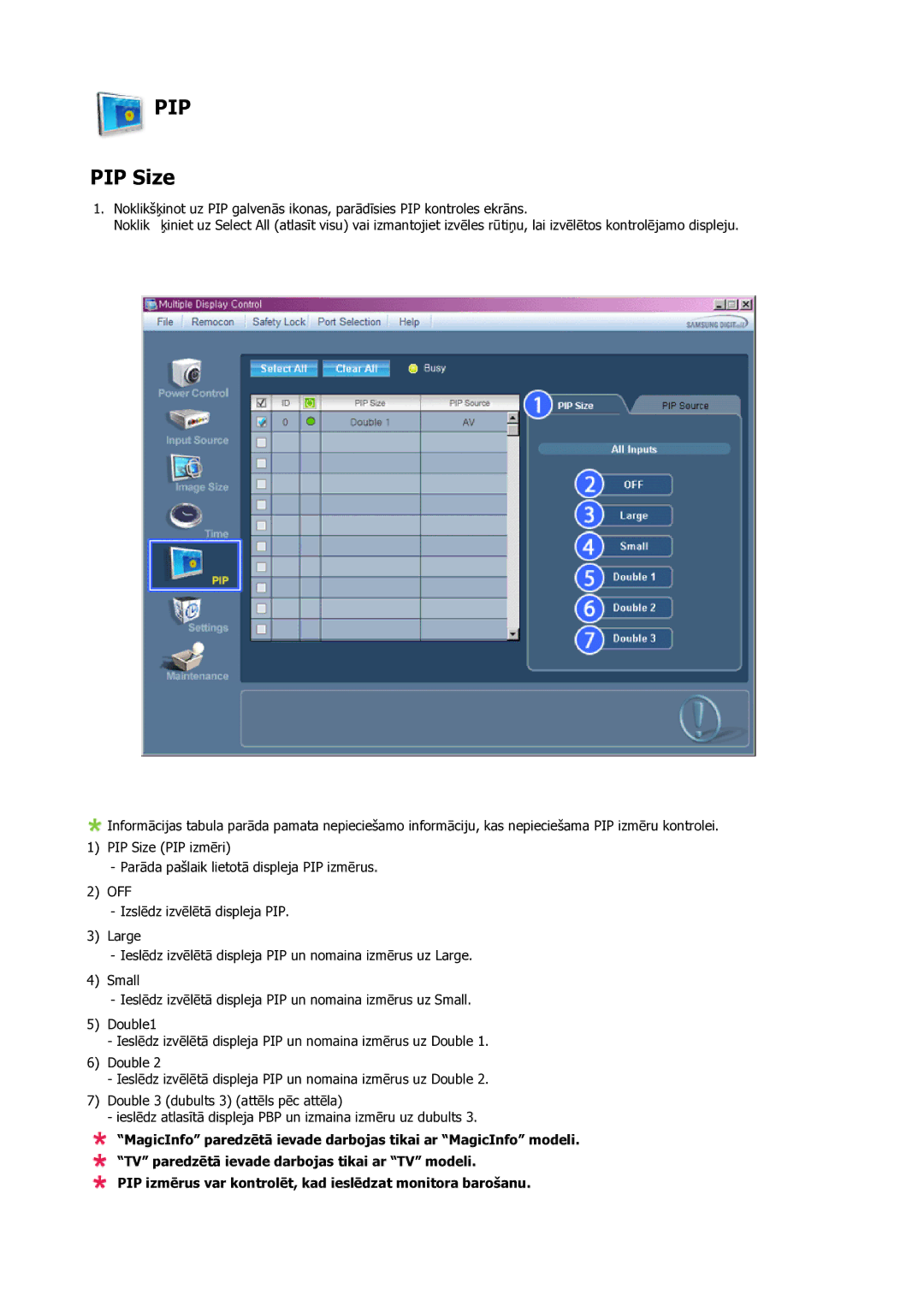 Samsung LH23PTSMBC/EN manual Pip, PIP Size 