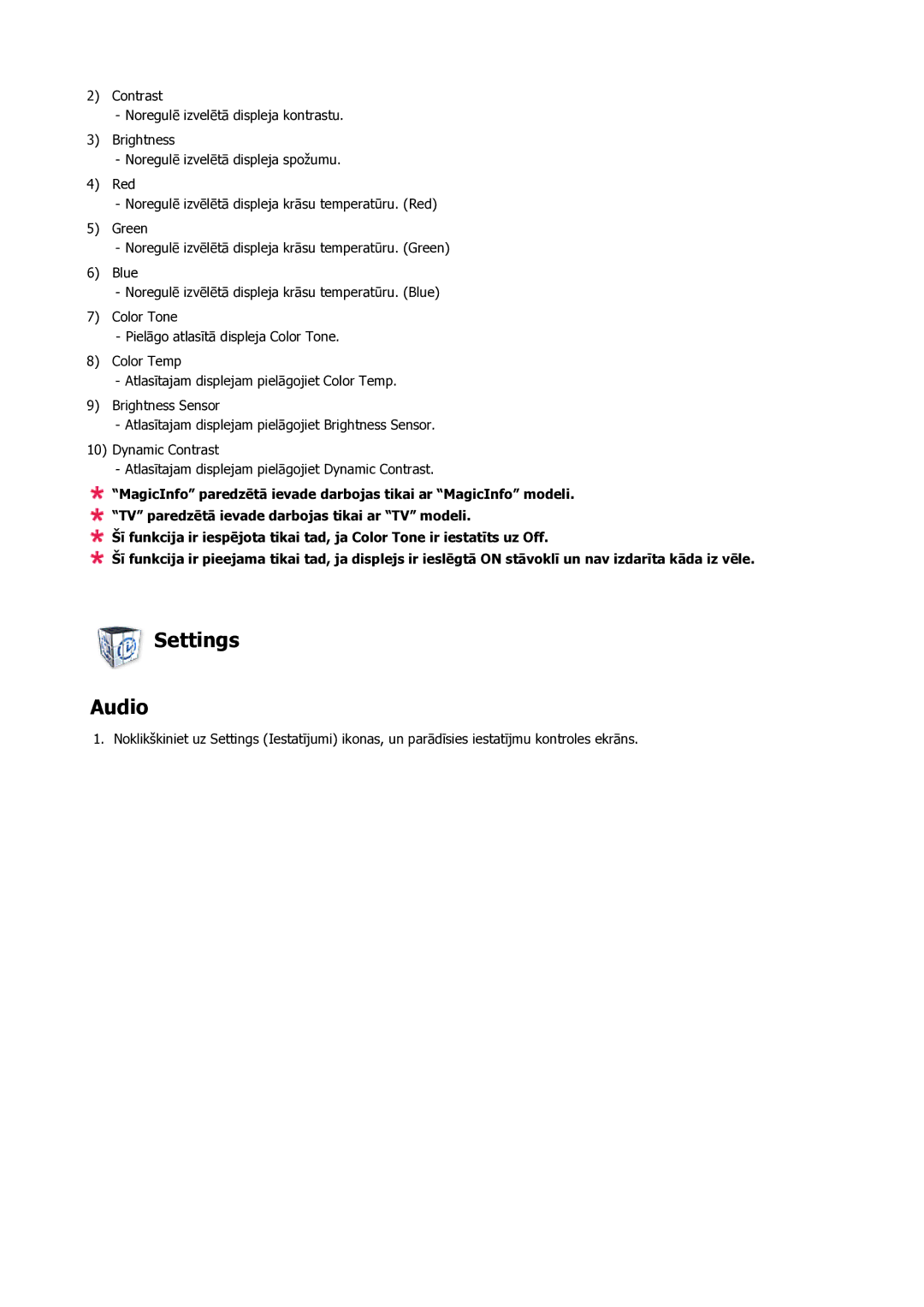 Samsung LH23PTSMBC/EN manual Settings Audio 