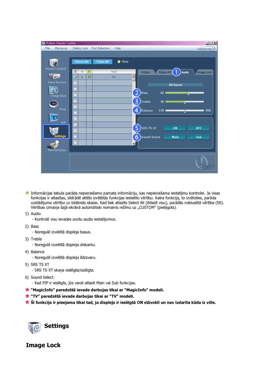 Samsung LH23PTSMBC/EN manual Settings Image Lock, Srs Ts Xt 