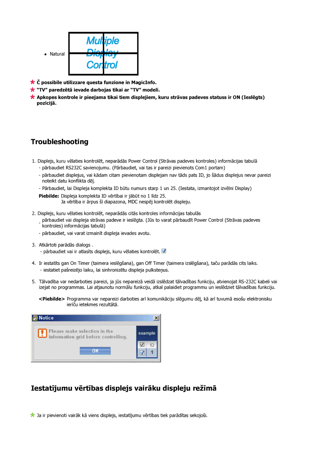 Samsung LH23PTSMBC/EN manual Troubleshooting, Iestatījumu vērtības displejs vairāku displeju režīmā 