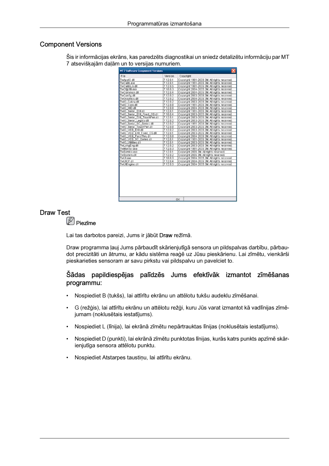 Samsung LH23PTSMBC/EN manual Component Versions, Draw Test 