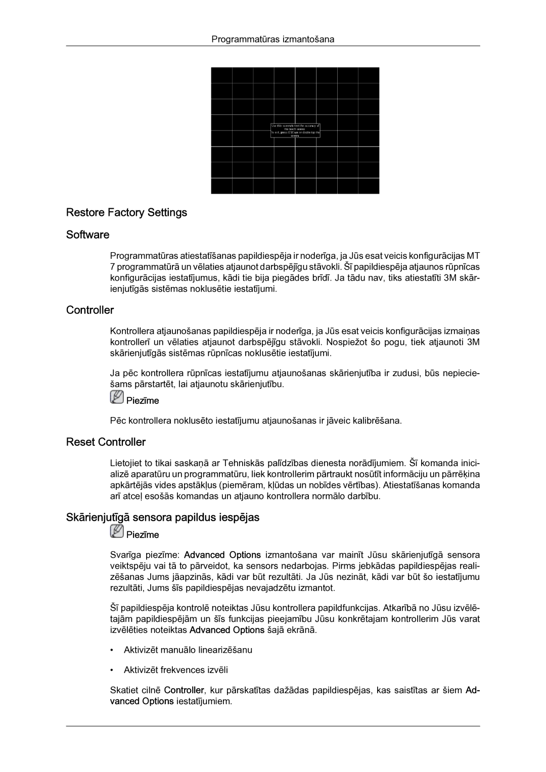 Samsung LH23PTSMBC/EN Restore Factory Settings Software, Reset Controller, Skārienjutīgā sensora papildus iespējas 