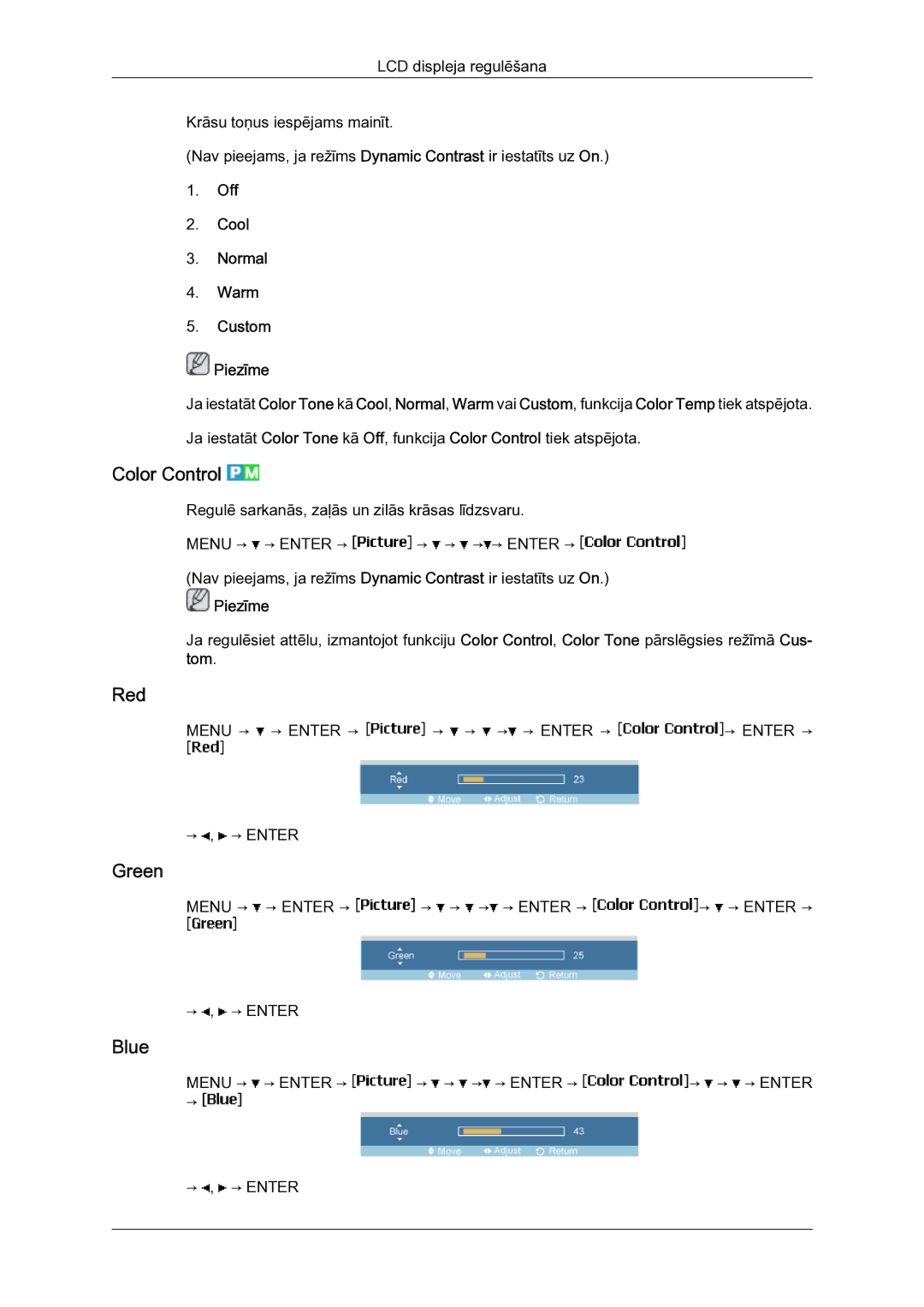 Samsung LH23PTSMBC/EN manual Color Control, Red, Green, Blue 