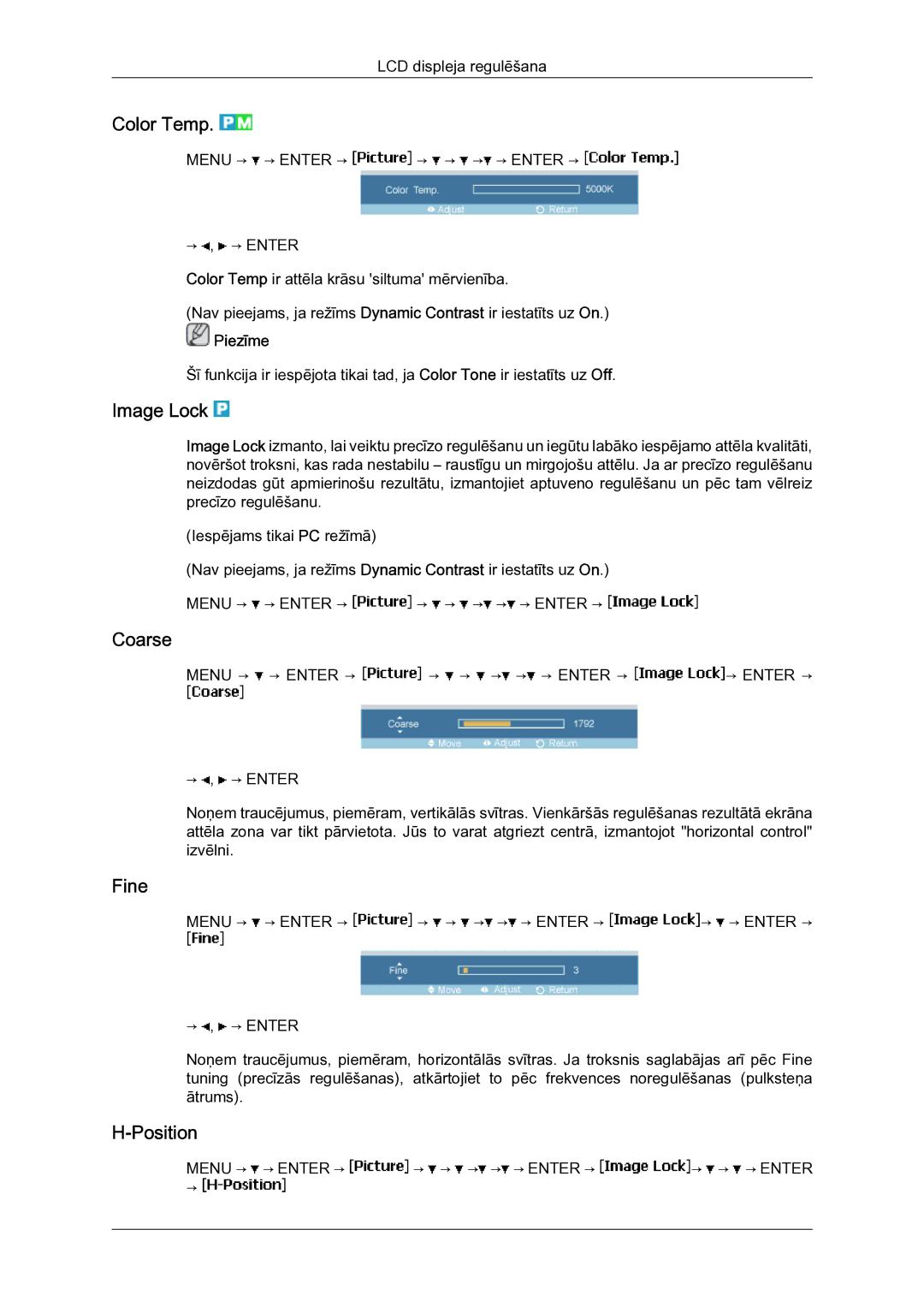 Samsung LH23PTSMBC/EN manual Color Temp, Image Lock, Coarse, Fine, Position 