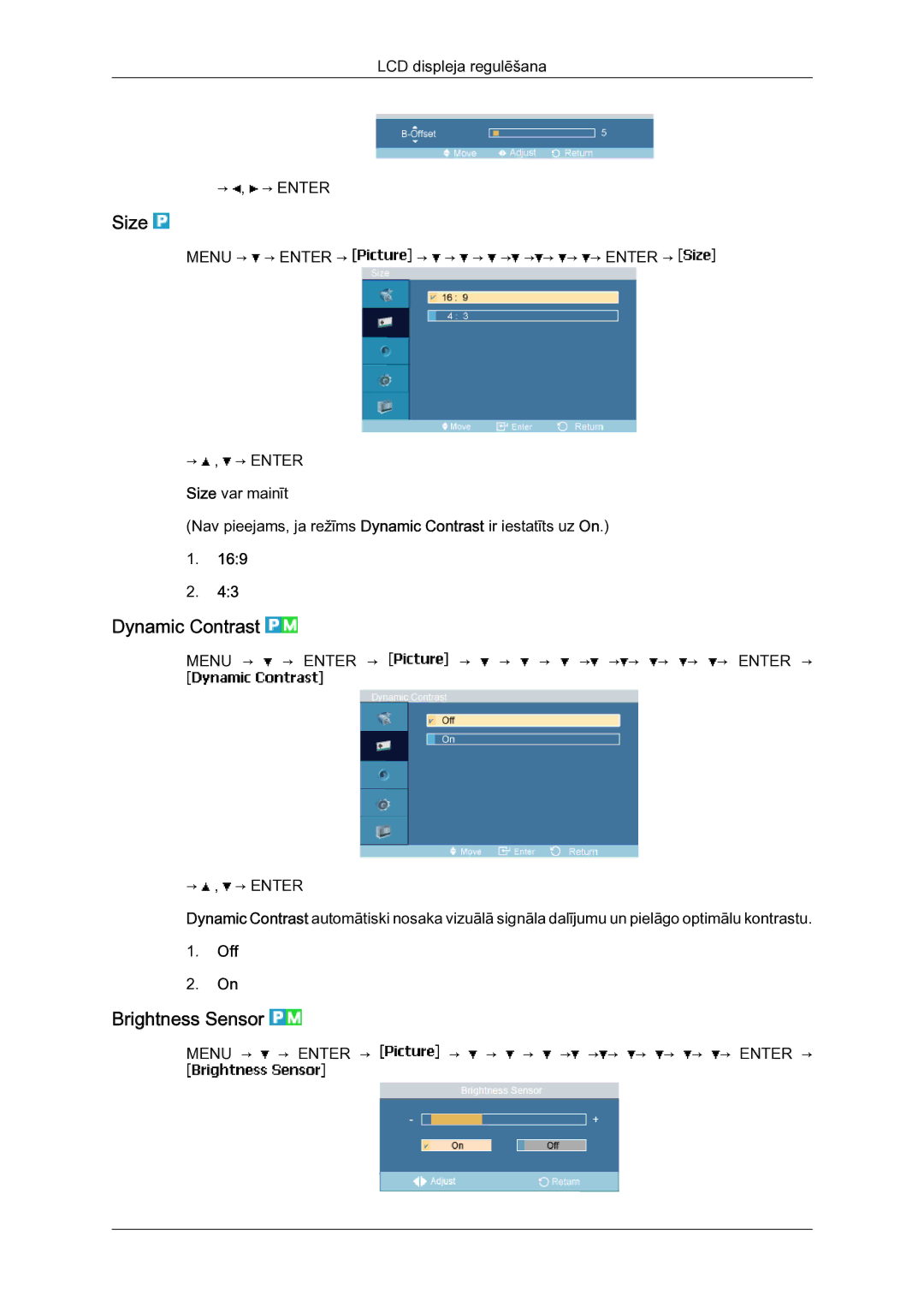 Samsung LH23PTSMBC/EN manual Size, Dynamic Contrast, Brightness Sensor, Off 