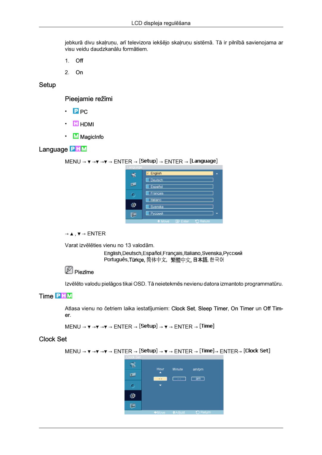 Samsung LH23PTSMBC/EN manual Setup Pieejamie režīmi, Language, Time, Clock Set 