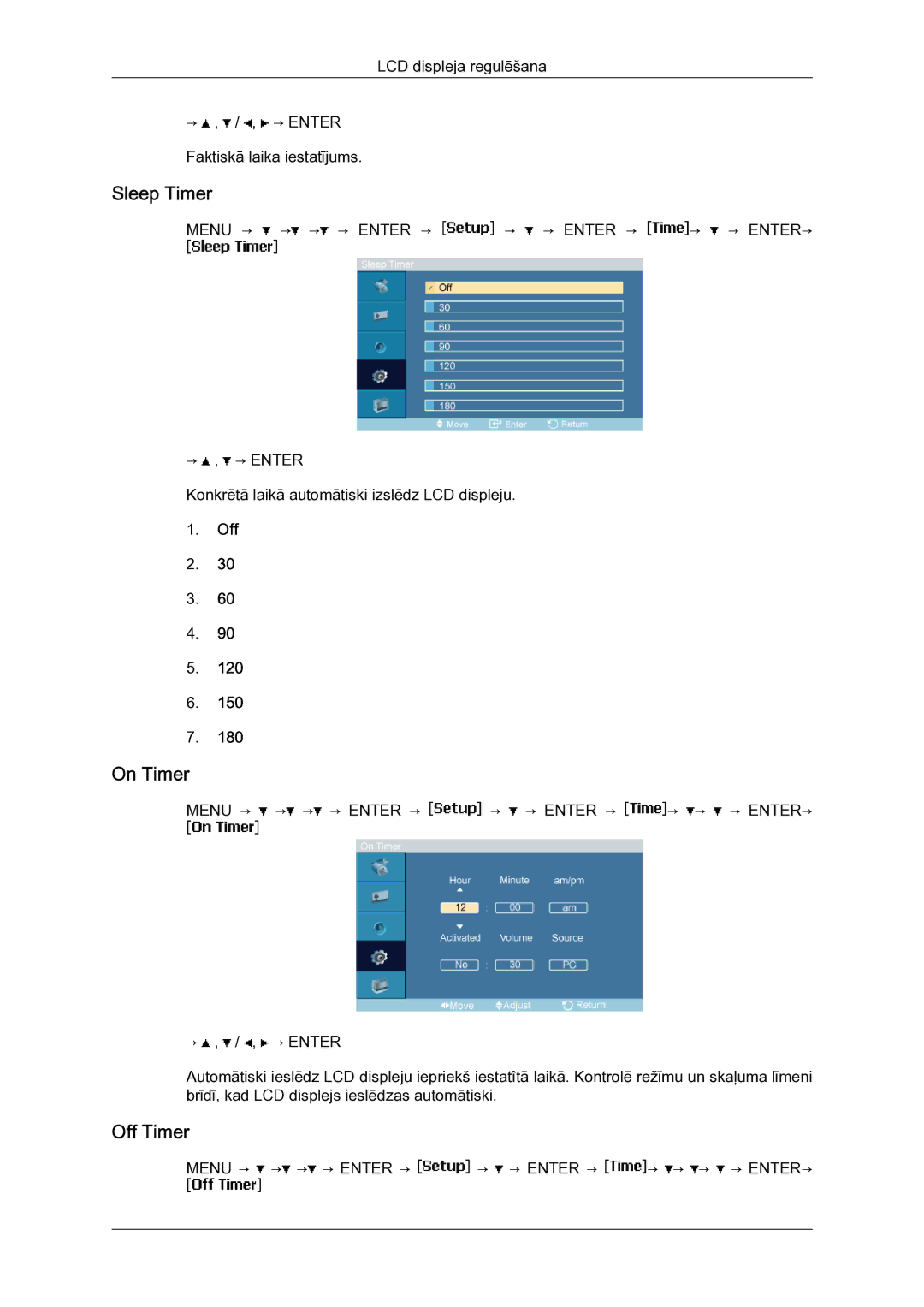 Samsung LH23PTSMBC/EN manual Sleep Timer, On Timer, Off Timer 