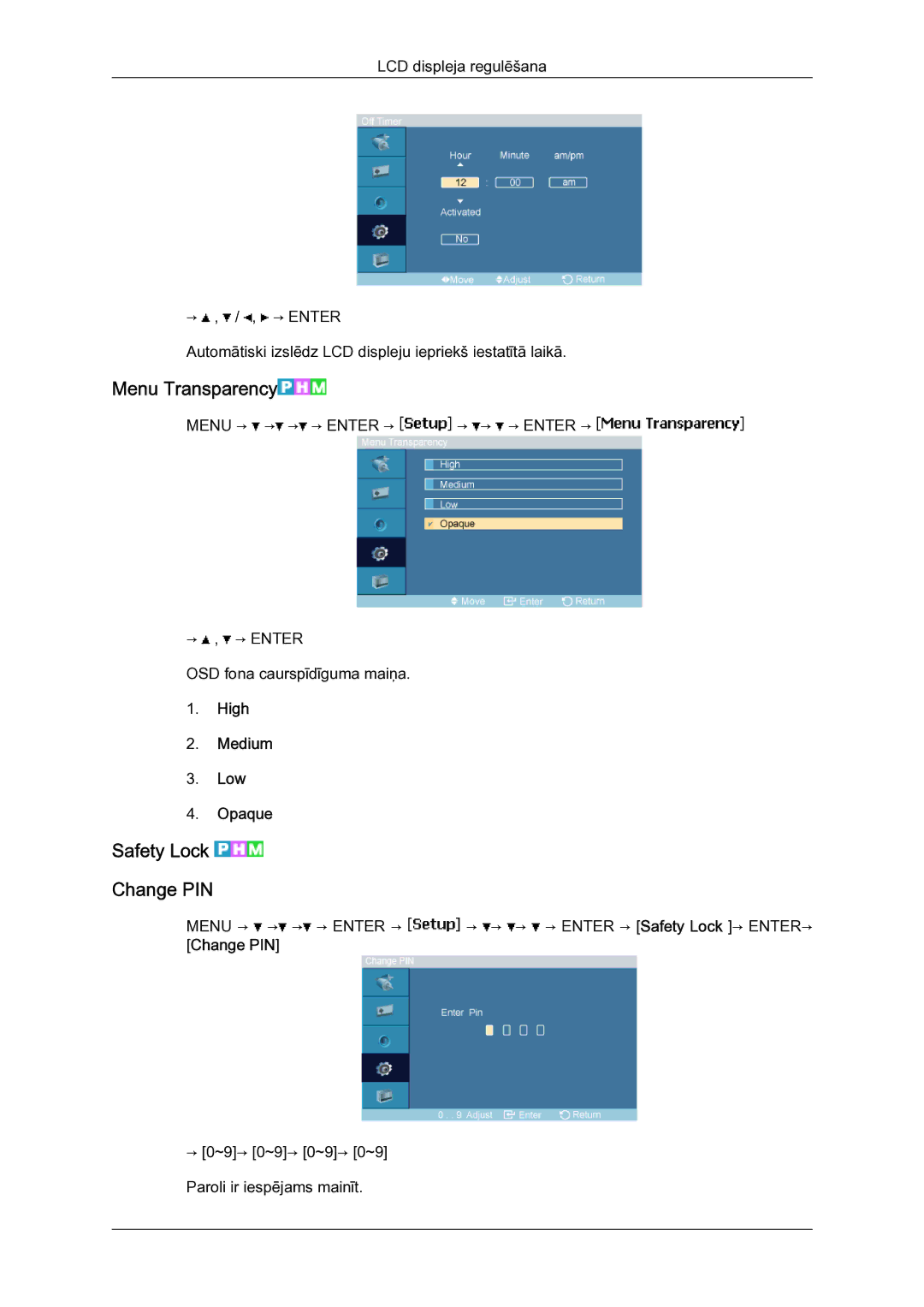 Samsung LH23PTSMBC/EN manual Menu Transparency, Safety Lock Change PIN, High Medium Low Opaque 