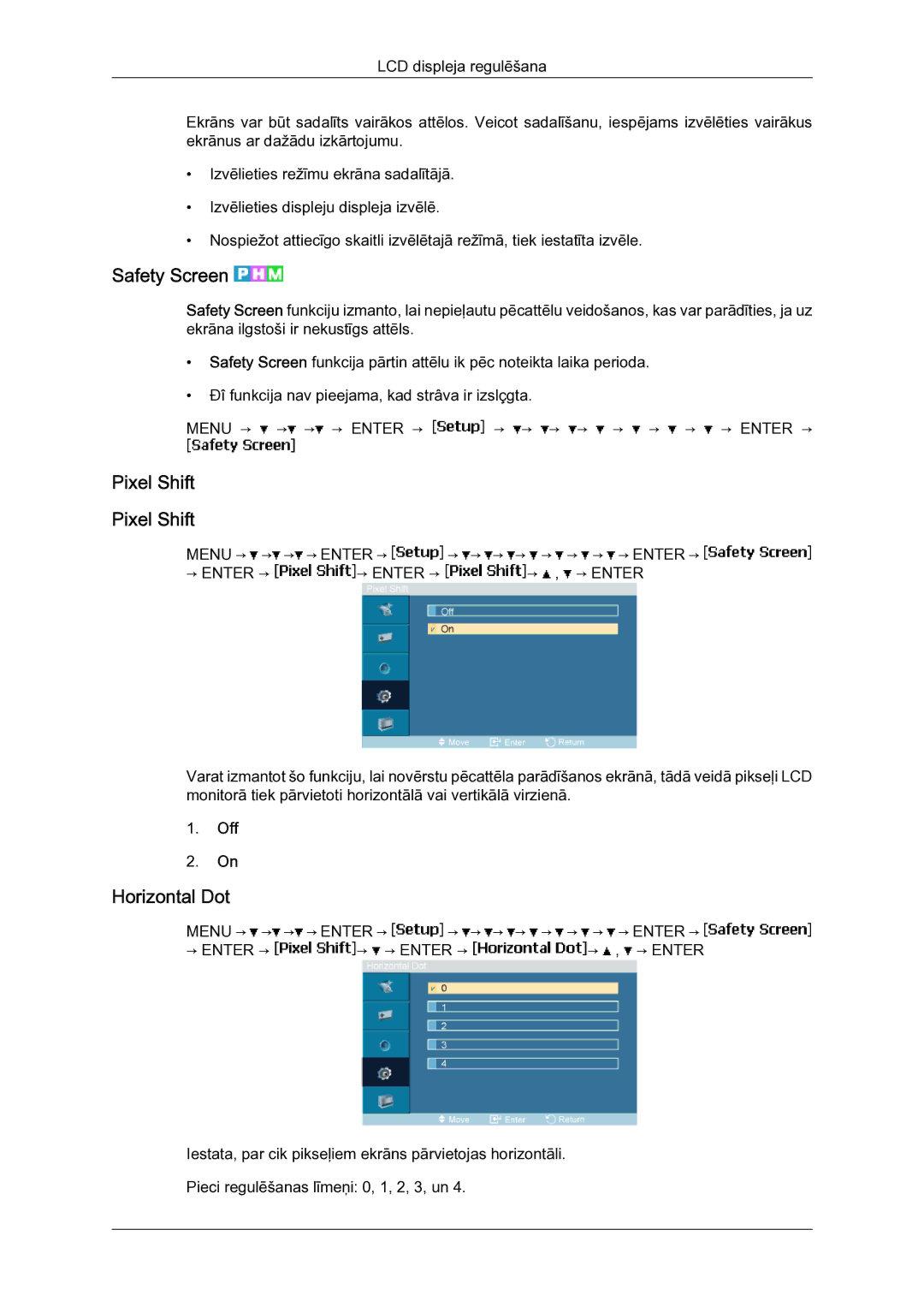 Samsung LH23PTSMBC/EN manual Safety Screen, Pixel Shift, Horizontal Dot 