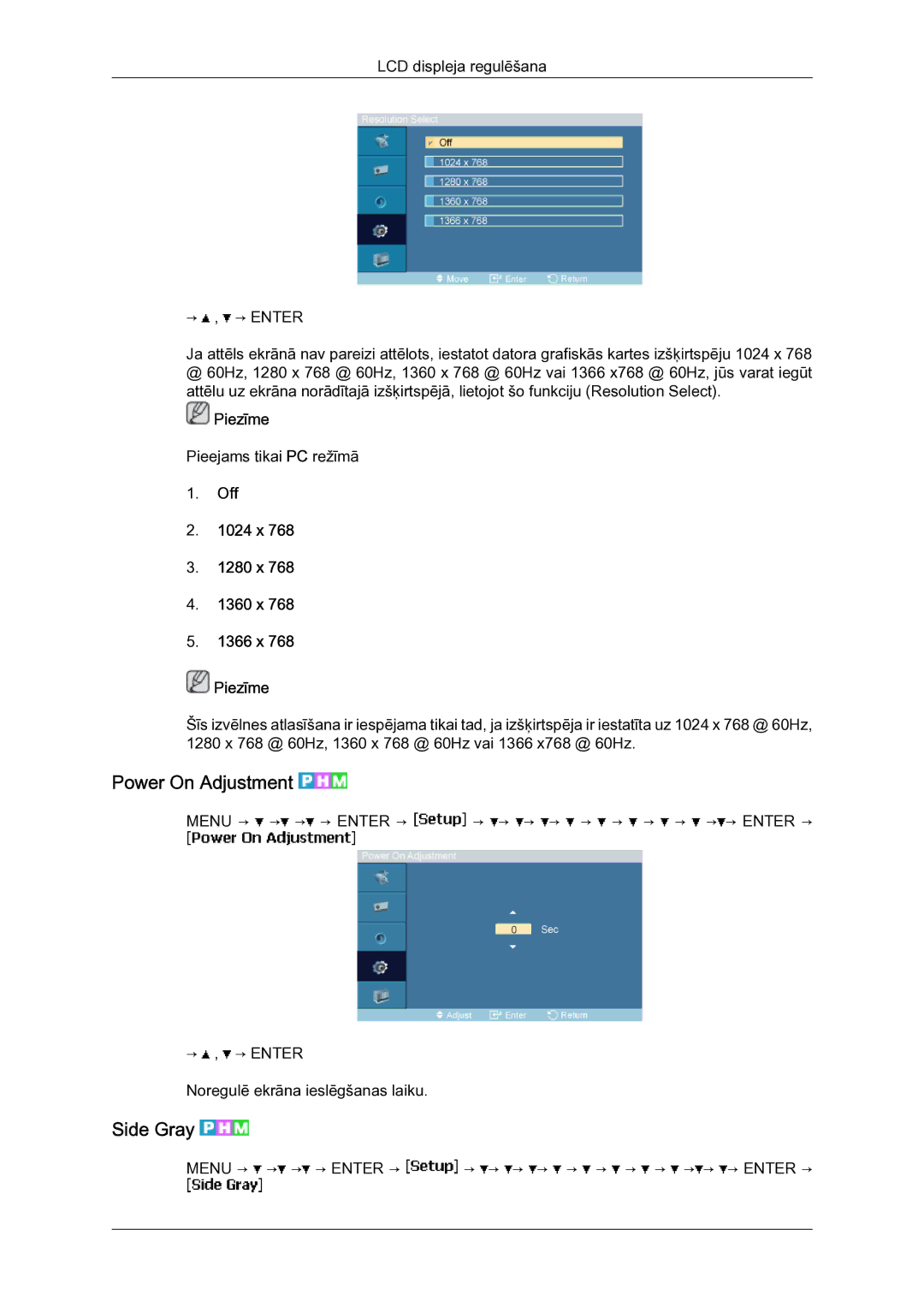 Samsung LH23PTSMBC/EN manual Power On Adjustment, Side Gray, Off 1024 x 1280 x 1360 x 1366 x Piezīme 