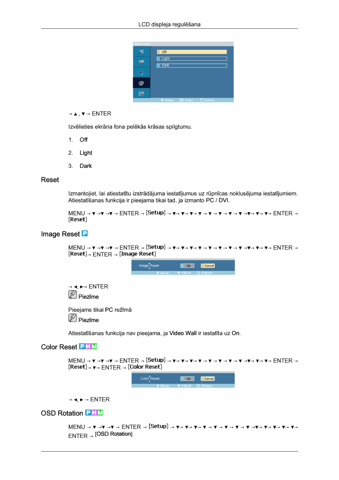 Samsung LH23PTSMBC/EN manual Image Reset, Color Reset, OSD Rotation, Off Light Dark 