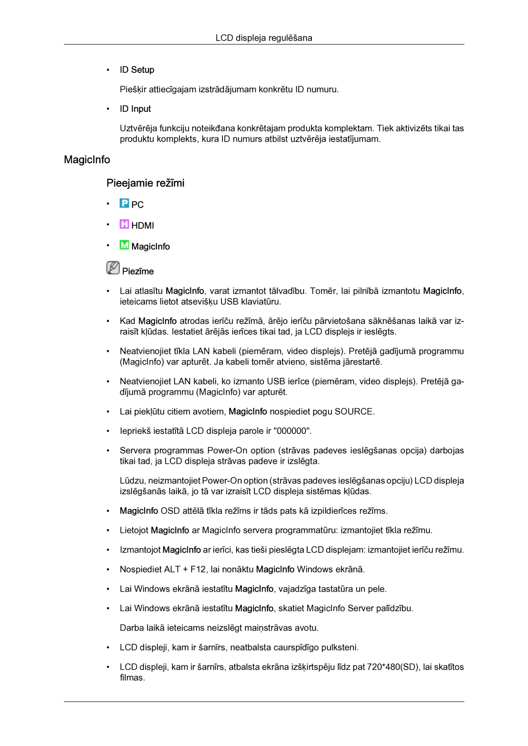 Samsung LH23PTSMBC/EN manual MagicInfo Pieejamie režīmi, ID Setup, ID Input 