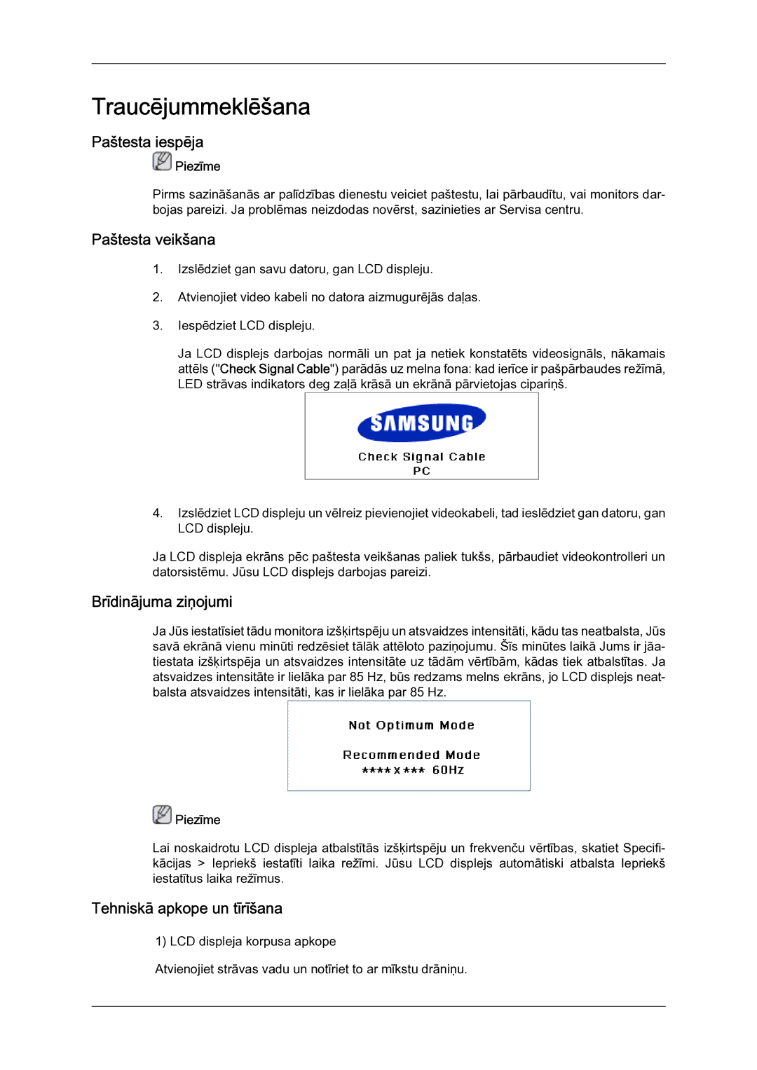 Samsung LH23PTSMBC/EN manual Paštesta iespēja, Paštesta veikšana, Brīdinājuma ziņojumi, Tehniskā apkope un tīrīšana 