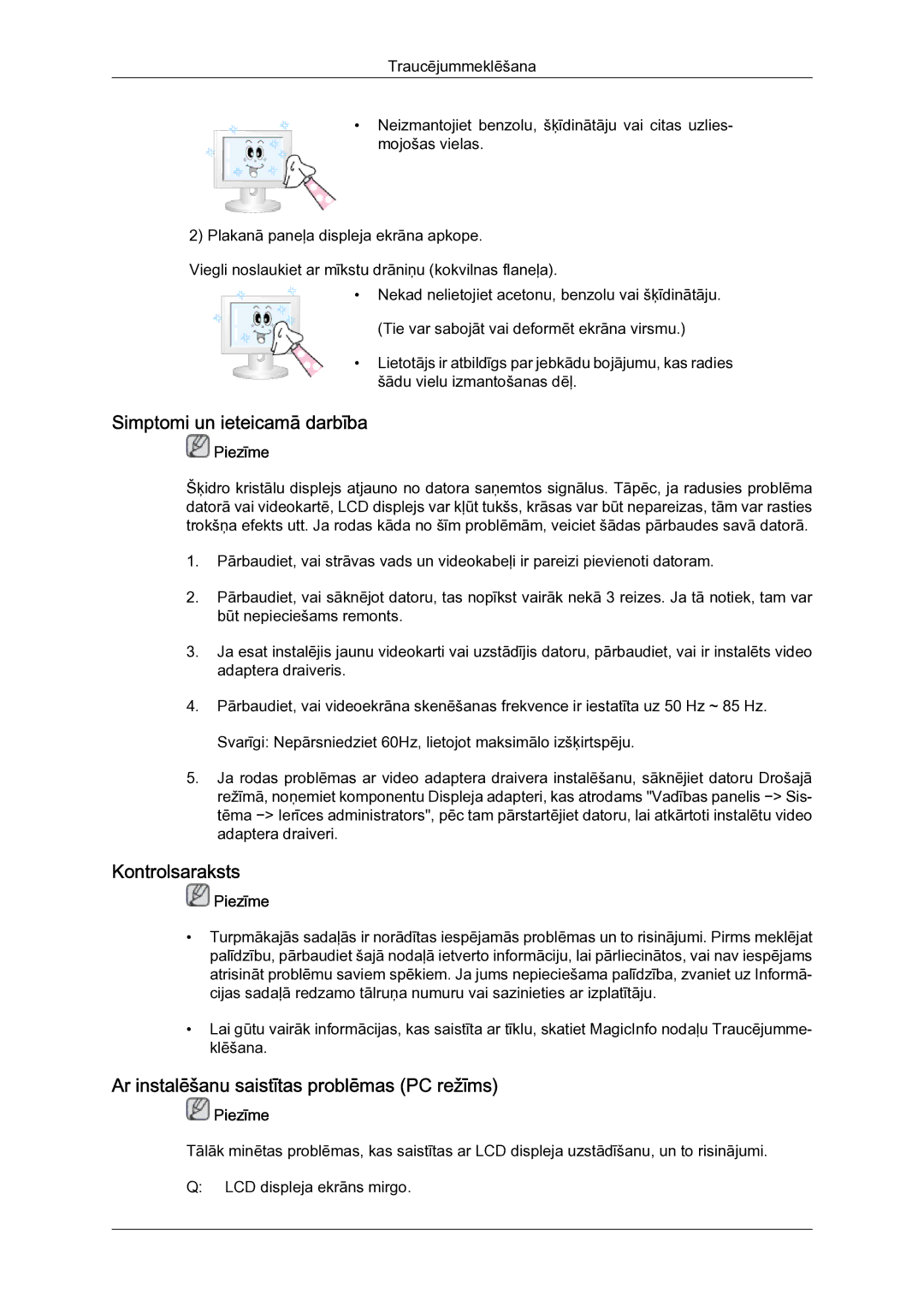 Samsung LH23PTSMBC/EN manual Simptomi un ieteicamā darbība, Kontrolsaraksts, Ar instalēšanu saistītas problēmas PC režīms 