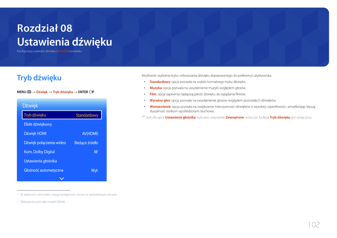 Samsung LH24OMEPWBC/EN, LH24OHEPKBB/EN manual Ustawienia dźwięku, Tryb dźwięku, 102, Dźwięk 