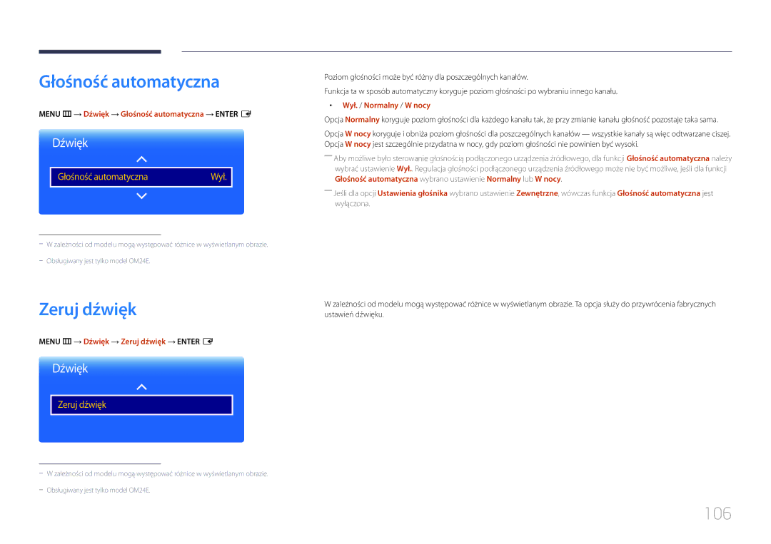 Samsung LH24OMEPWBC/EN, LH24OHEPKBB/EN manual Głośność automatyczna, Zeruj dźwięk, 106 