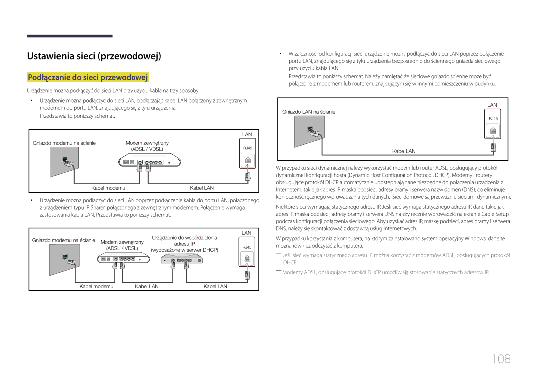 Samsung LH24OMEPWBC/EN, LH24OHEPKBB/EN manual 108, Ustawienia sieci przewodowej, Podłączanie do sieci przewodowej 