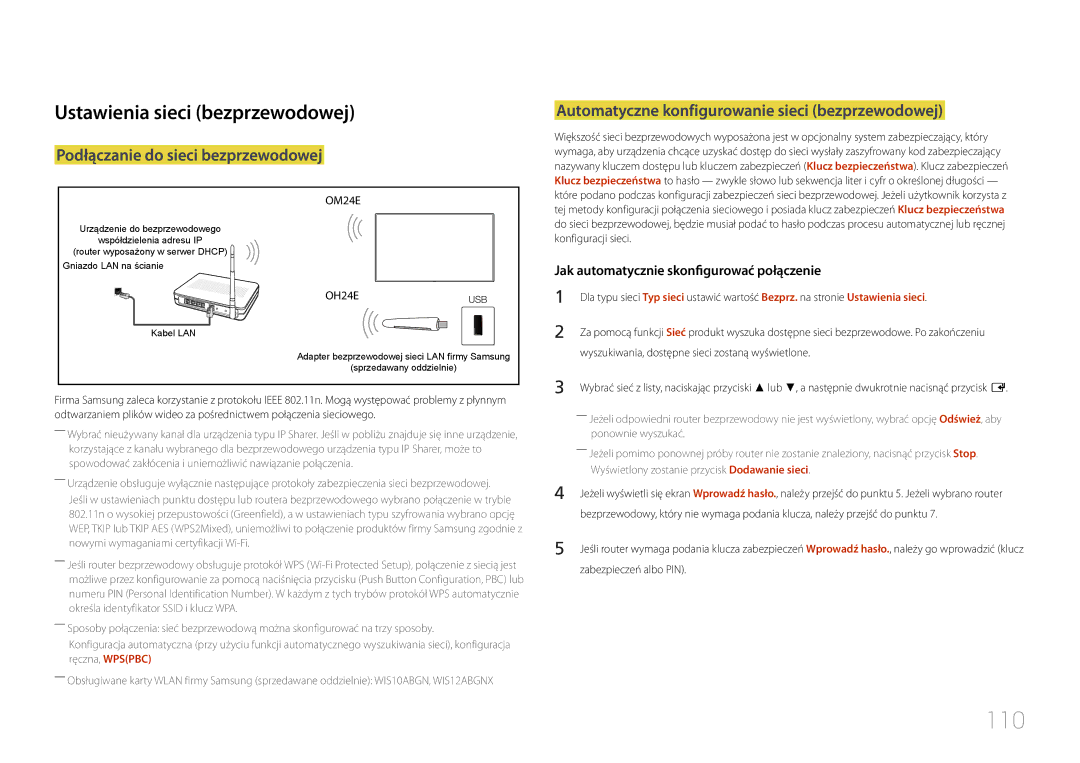 Samsung LH24OMEPWBC/EN, LH24OHEPKBB/EN manual 110, Ustawienia sieci bezprzewodowej, Podłączanie do sieci bezprzewodowej 