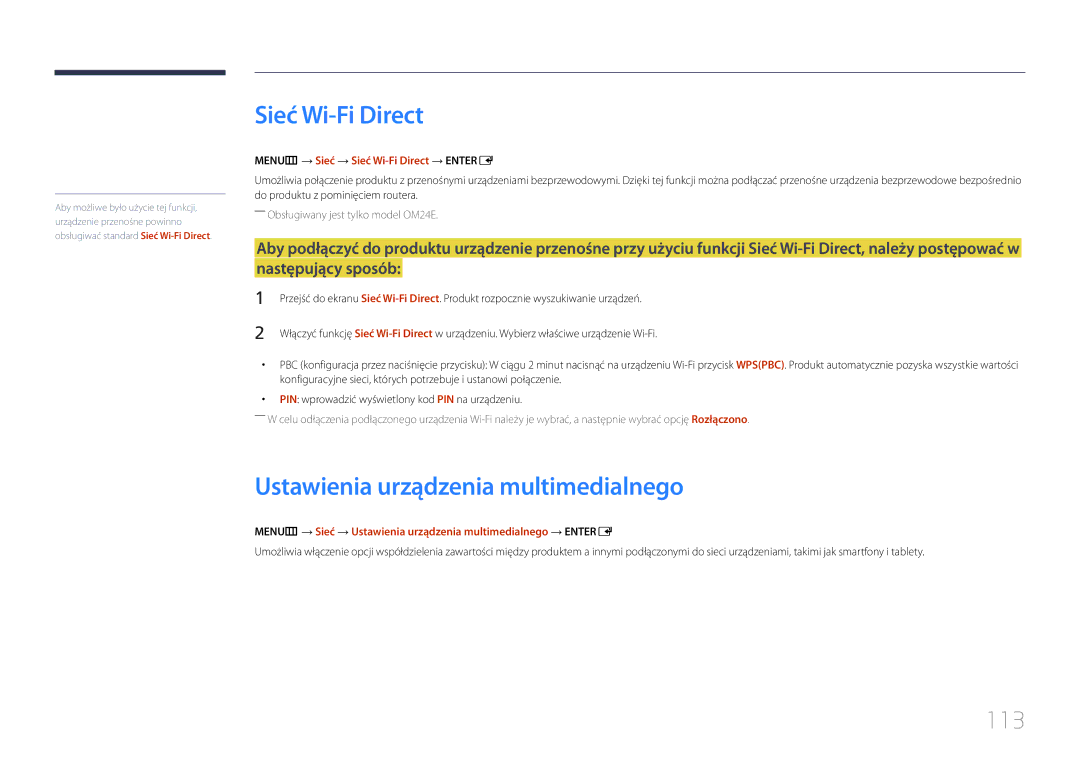 Samsung LH24OHEPKBB/EN, LH24OMEPWBC/EN manual Sieć Wi-Fi Direct, Ustawienia urządzenia multimedialnego, 113 
