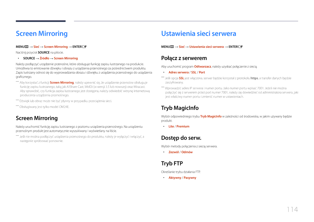 Samsung LH24OMEPWBC/EN, LH24OHEPKBB/EN manual Screen Mirroring, Ustawienia sieci serwera, 114 
