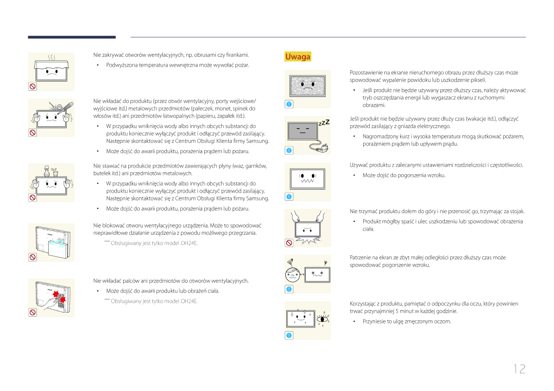 Samsung LH24OMEPWBC/EN, LH24OHEPKBB/EN manual Może dojść do awarii produktu, porażenia prądem lub pożaru 